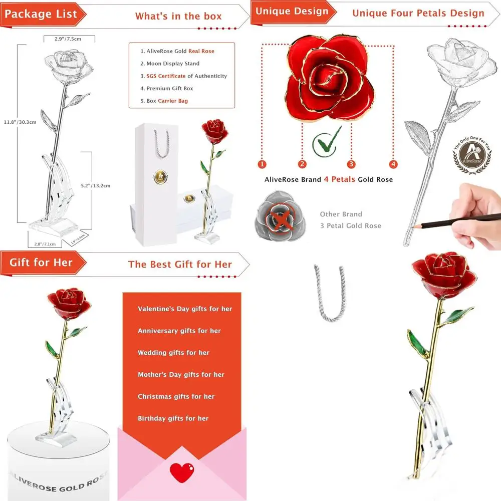 Rosa Real Bañada en Oro de 24K - Rosa Roja Única para el Día de San Valentín o el Día de la Madre con Base