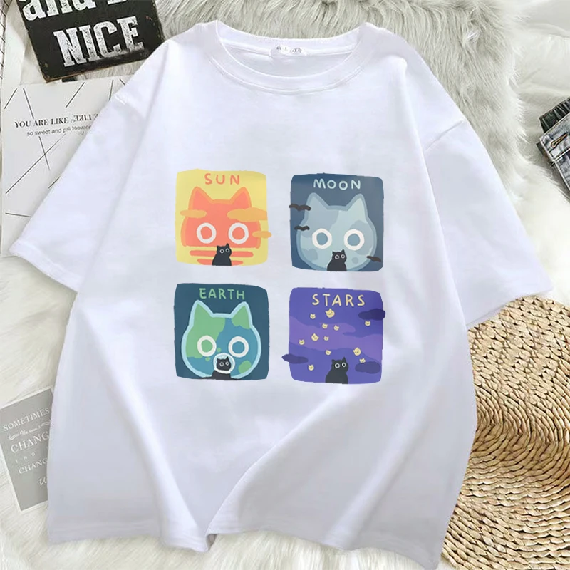 Astronomical Cat Triple Loose Short Sleeved T-shirt Men Women Style Sun Moon Earth Couple Short Sleeve Unisex Tee Y2k Top