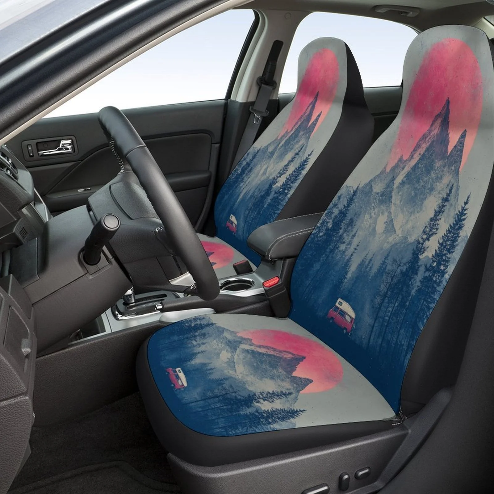 Set Of Car Seat Covers Featuring A Mountain Sunset Theme, Suitable For Various Vehicles. Stylish And Unique, This Complete Set I