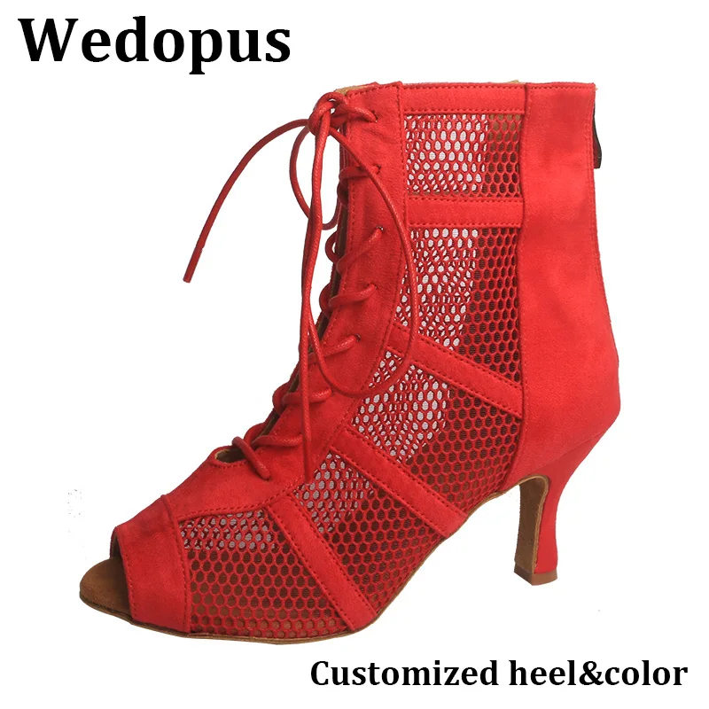 Wedopus Scarpe da ballo rosse Tacchi alti Moda Stivali da ballo moderni Ragazze Scarpe da ballo latino per adulti SALSA Stivali da ballo jazz 7,5 cm