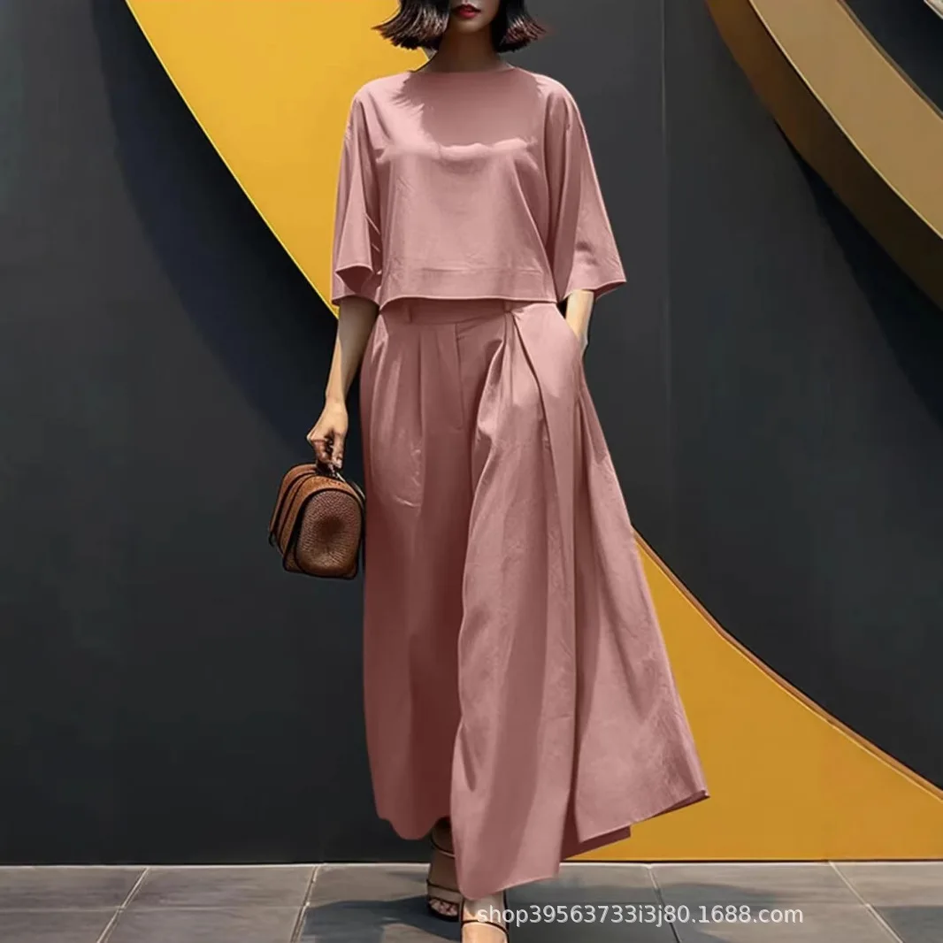 

Летний женский модный комплект, повседневный комплект брюк, комплект из 2 предметов, элегантный рабочий спортивный комплект, однотонная свободная рубашка, широкие брюки, пригородный комплект