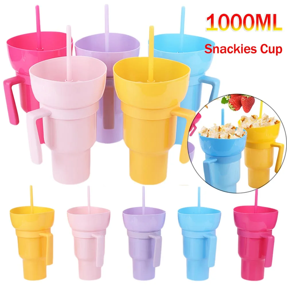 1000ml 2 In 1 Portable Snack Bowl Drink Cup Leak-Proof with Straw Stadium Tumbler Water Bottle Splash Proof for Cinema Travel