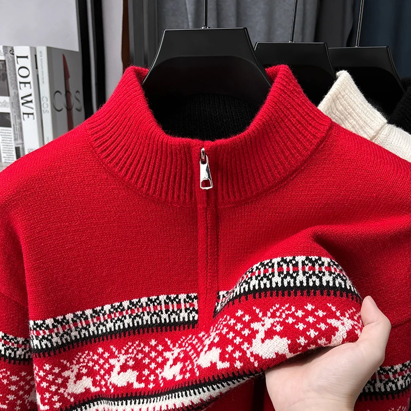 Luxury Brand Man Long-Sleeved Knitwear Thicken Mock Neck Zipper Cable Stitch Non-deforming Winter New Pullover Leisure Mens Wear
