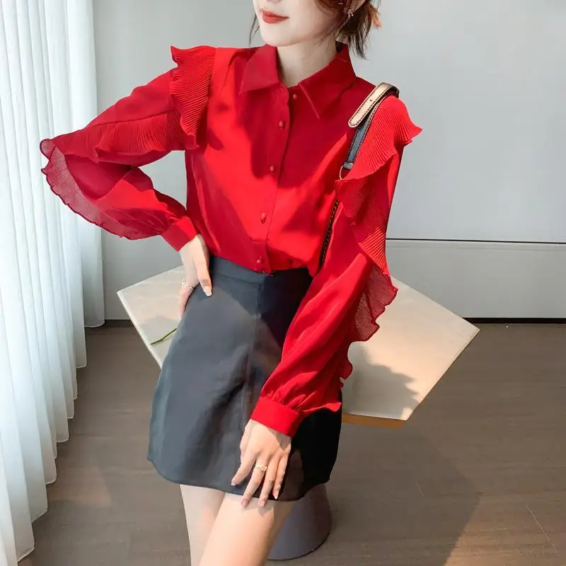 2022 Spring Autumn Red Elegant Fashion Ruffles Long Sleeve Shirt Top Women Polo-neck Cardigan Temperament Blouse All-match Blusa