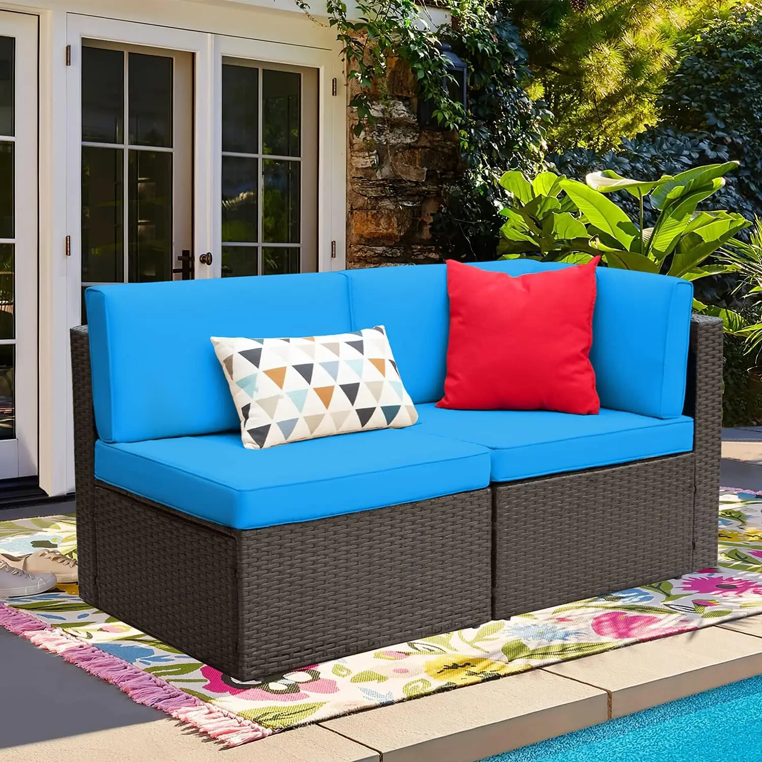 

2 Pieces Patio Furniture Sofa Sets Outdoor All-Weather Sectional Corner Sofa and Armless Sofa (Blue)