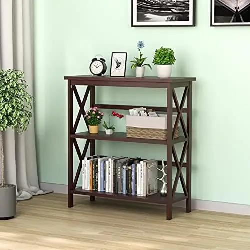 

3-Tier Bookshelf, Vintage Wooden Bookcase with X-Style Frame, Anti-Toppling Device, Open Bookcase for Entryway Living Room Home