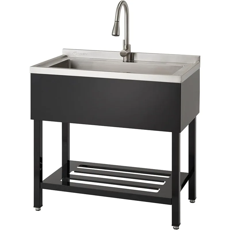 Stainless Steel Freestanding Single Bowl Utility Sink for Garage, Laundry Room, and Commercial Use, Includes Pull-Out Faucet