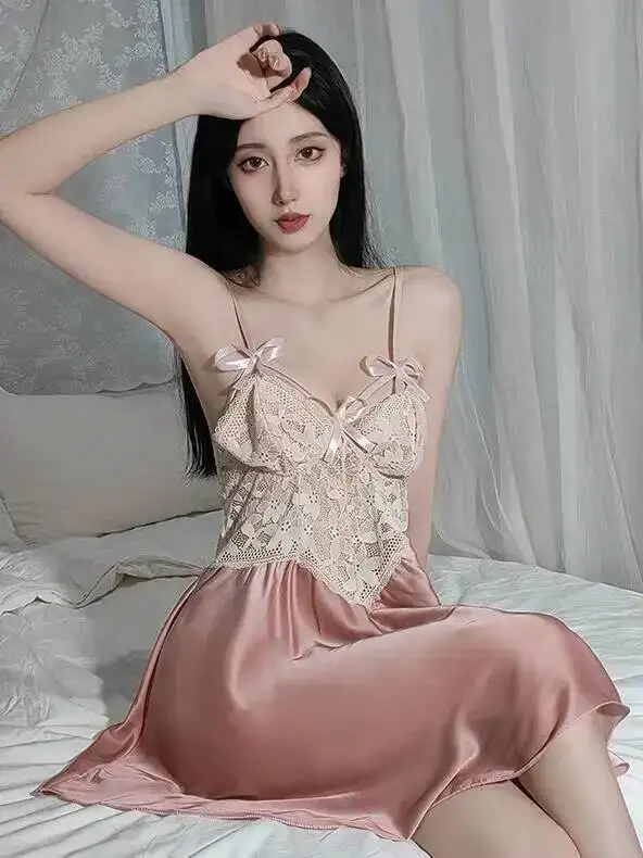 Abito a canotta sexy Abito in pizzo trasparente Bretelle a V profonde senza schienale Abito senza maniche con stampa floreale Bowknot Affascinante desiderio puro 7MAE