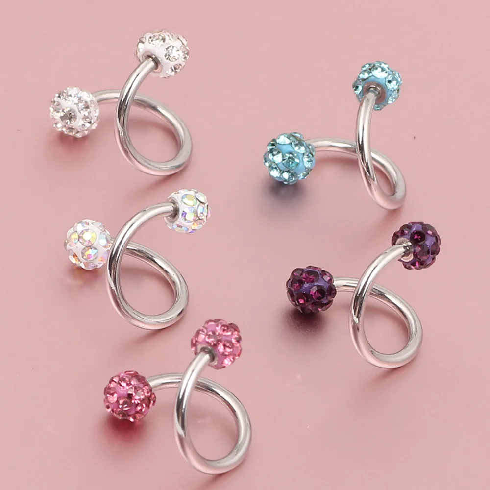 1PCS Stainless Steel Crystal Twist Helix Earring Cartilage Jewelry S Shape Labret Piercing Lip Ring Twist Tragus Earring Stud