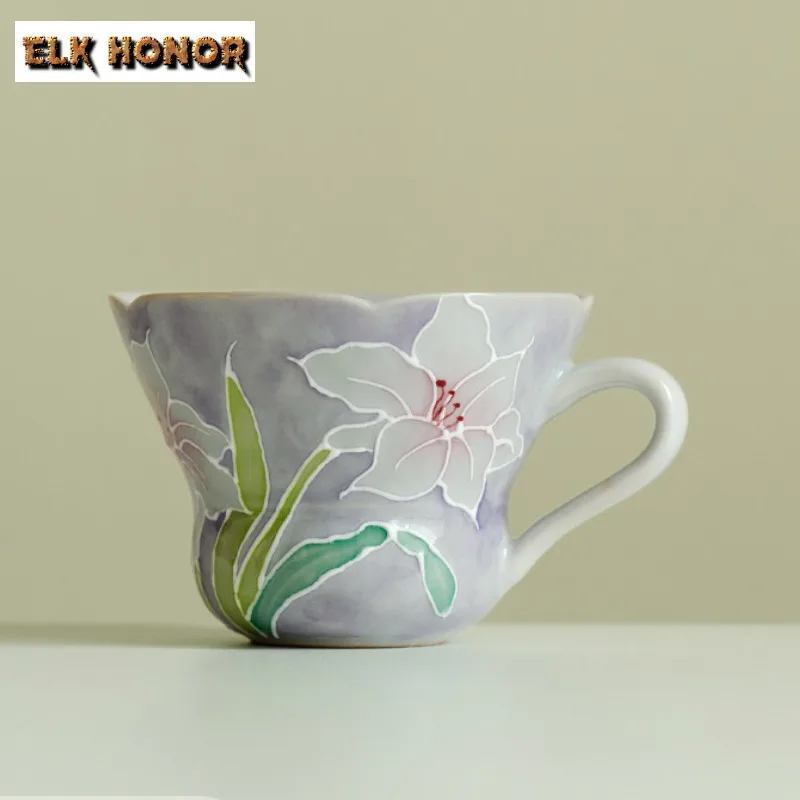85ml Hand-painted Lily Fragrant Fortune Flower Handle Teacup Zen Tea Bowl Jug Tea-tasting Personal Cup Chazhan Master Cups Craft