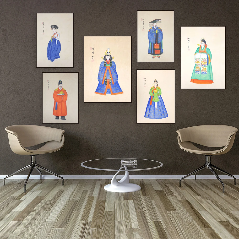 Korean beauty, queen, king Korean traditional folk style print, woman in robe Korean traditional folk poster, Korean art