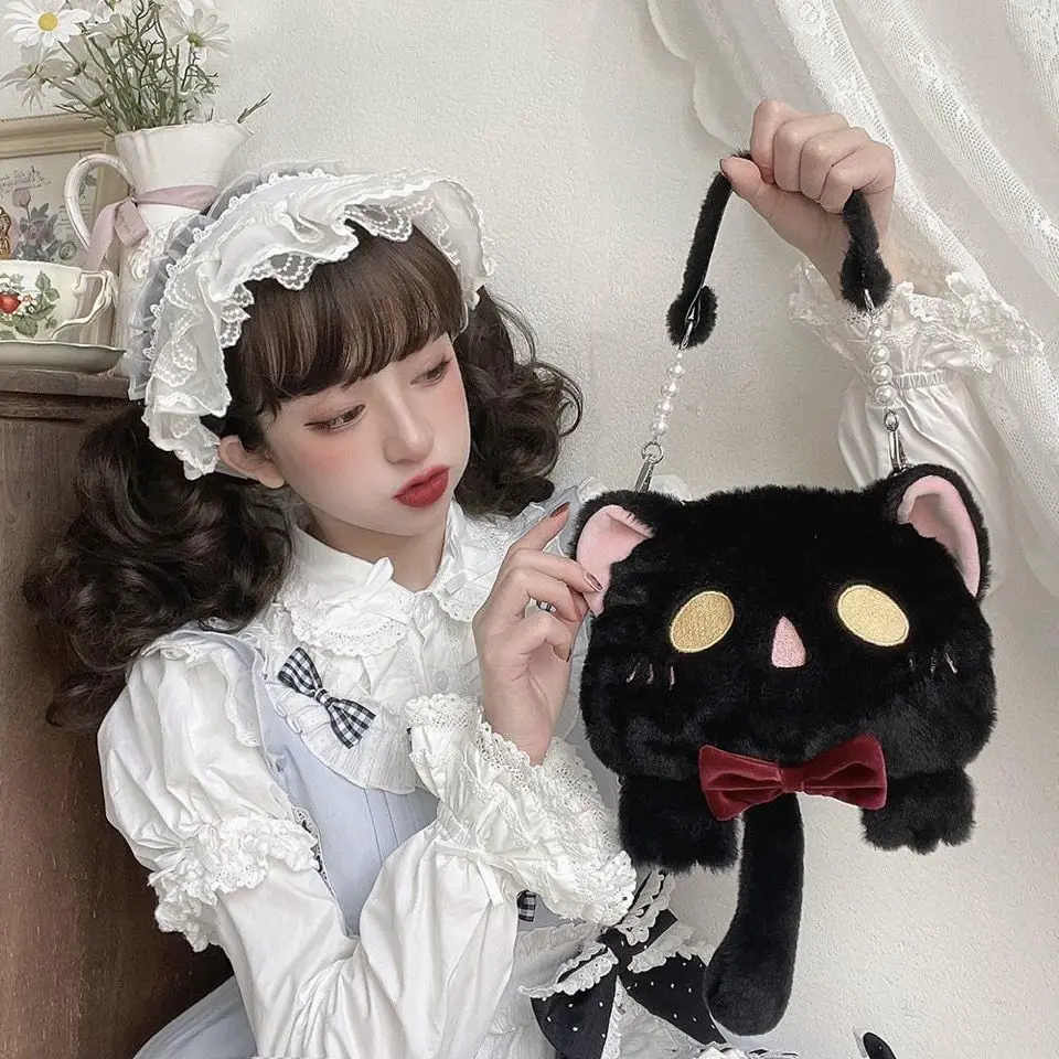 Autumn/Winter Lolita JK Bag One-shoulder Black And White Cat Bowknot Sweet Cute Plush Bag Portable Slant Straddle Female Kawaii