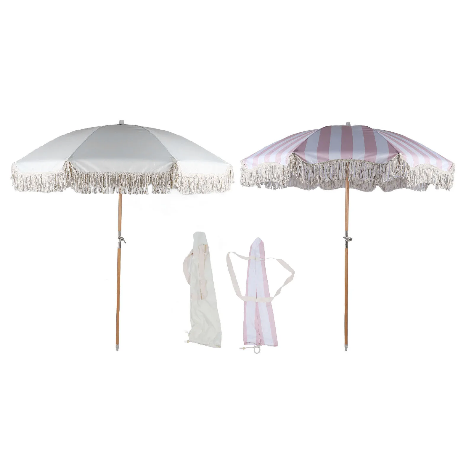 Table Umbrella 8 Fiberglass Ribs Patio Umbrella Wooden Pole Stylish Fringe Polyester Fabric UV Proof with Carry Bag for Garden