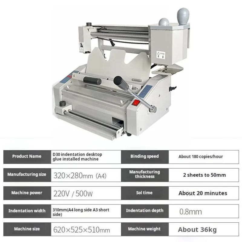 

Compact wireless manual hot melt binding machine with crease and paper cutting capabilities, ideal for brochures and documents