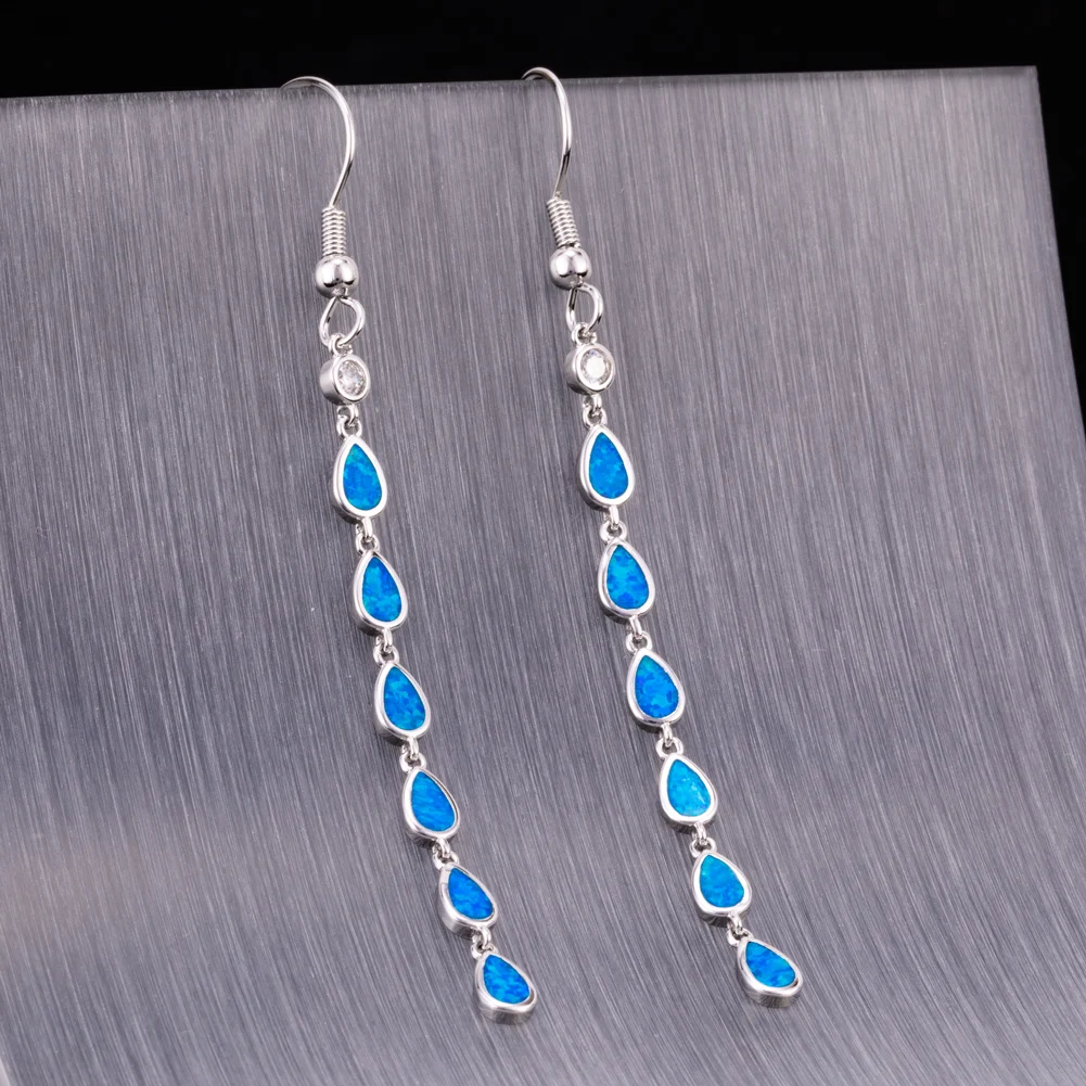 KONGMOON Multi Pear Shape Ocean Blue Fire Opal CZ Jewelry for Women Dangle Drop Earrings