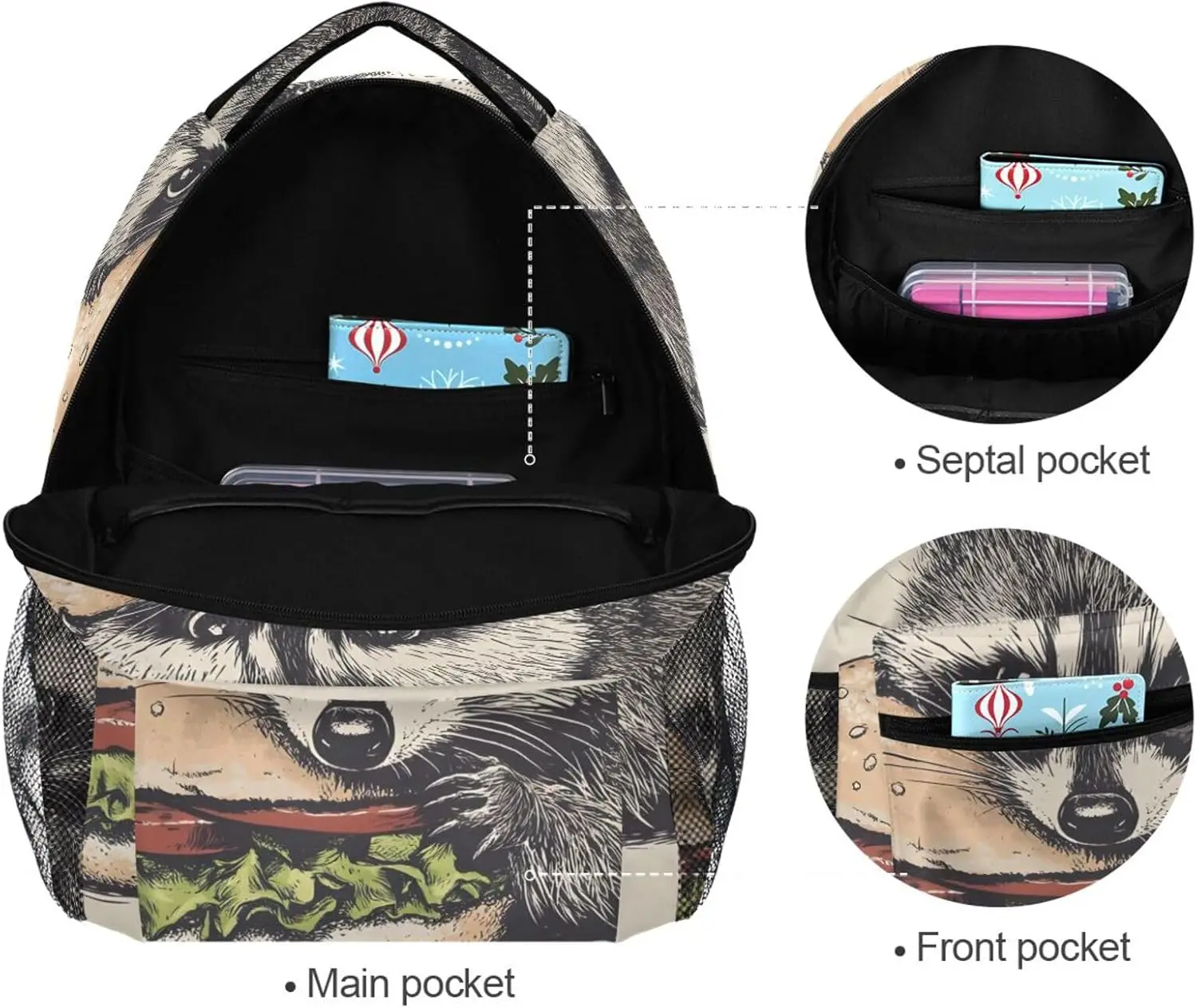 어린이 학교 배낭 소녀 소년을 위한 귀여운 너구리 햄버거 인쇄, 책가방 하이킹 배낭