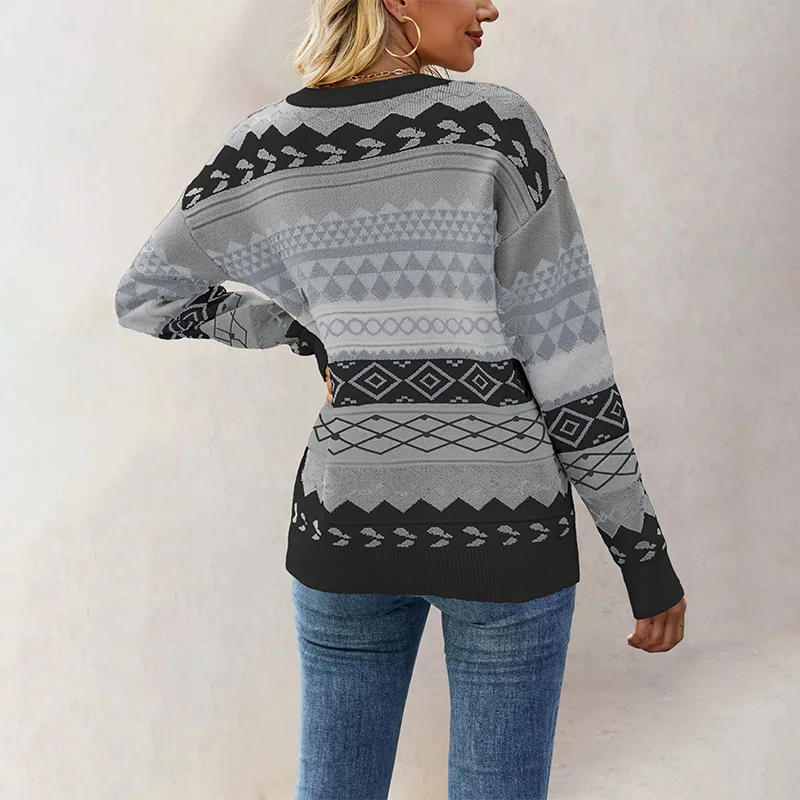 Sweater Women 2025 Autumn New Geometric Pattern Splicing Knitted Fashion Tops Retro Sweater for Women 5