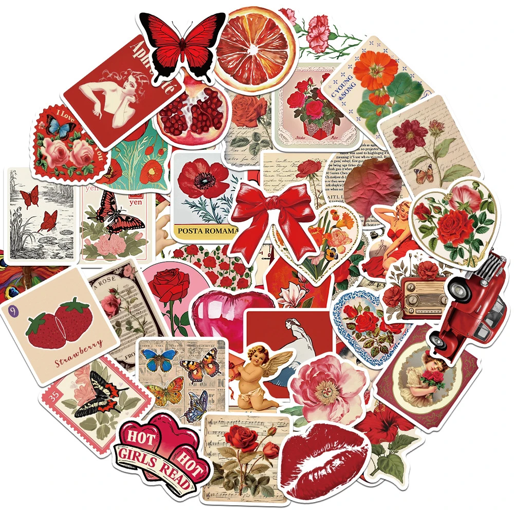 

10/30/50pcs Vintage Red Aesthetic Art Rose Stickers Creative Cartoon Decals Water Bottle Phone Guitar Graffiti Sticker Packing