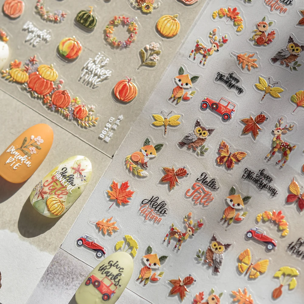 Enchanted Autumn 5D Nail Art Sticker Woodland Creatures Fox Owl Deer Rustic Cars Golden Maple Leaves Self Adhesive Manicure Deca