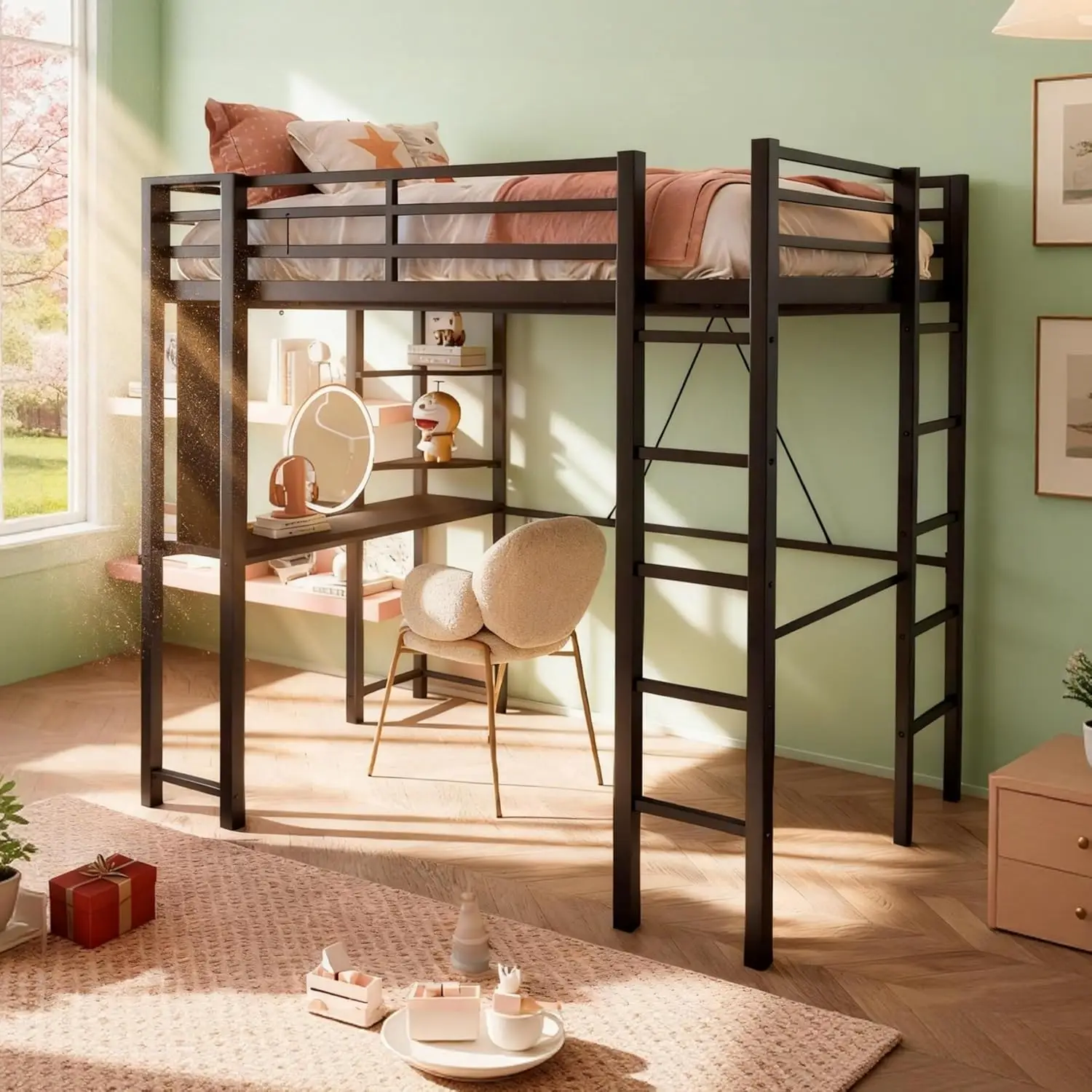 Small Bedroom Full Size Metal Loft Bed Frame with Desk, 2 Ladders, Safety Guard, Noise Free, Black