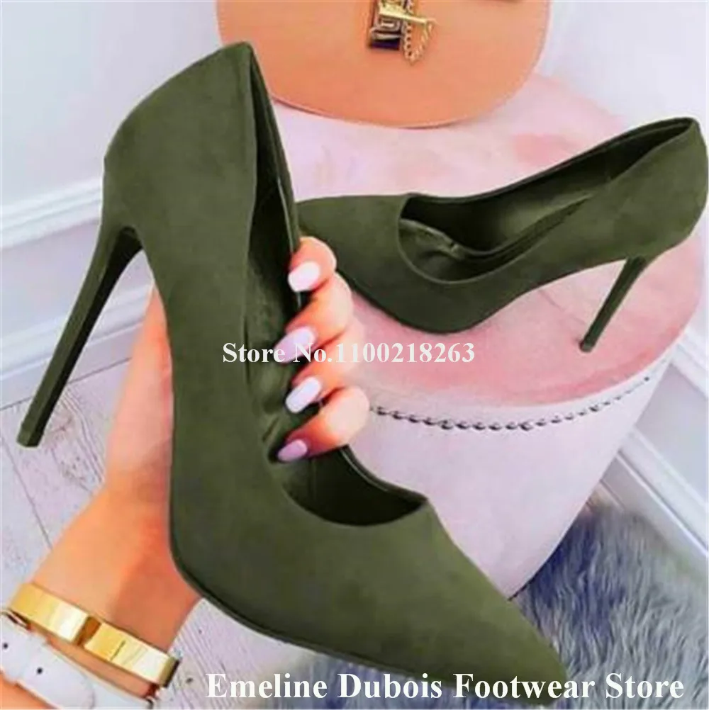 Army Green Suede Pumps Emeline Dubois Classical Style Pointed Toe Stiletto Heels Dress Shoes 8cm 10cm 12cm High Heels Big Size