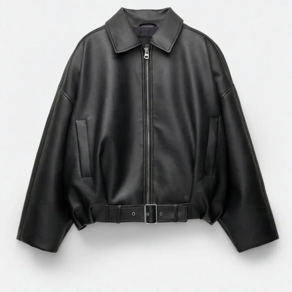 Women Faux Leather Pilot Jacket Spring Retro Long Coat Casual Loose Fit Zipper Commuter Style Fashion Outerwear