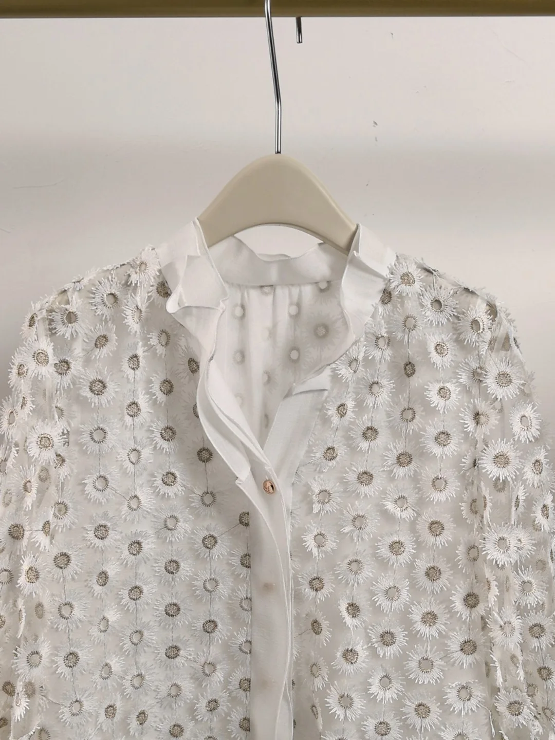 

Sweet Versatile Stand Collar Daisy Embroidery Floral irt Women's Top Spring Summer Commute Loose Fit Seven Sve Length