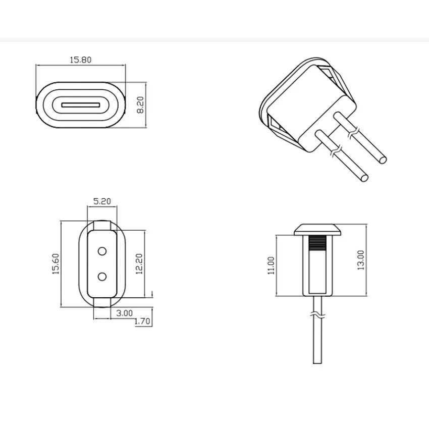 1pcs 2Pin USB-C Type Waterproof USB Connector Direct compression female base Female Socket Charging Interface With Welding Wire