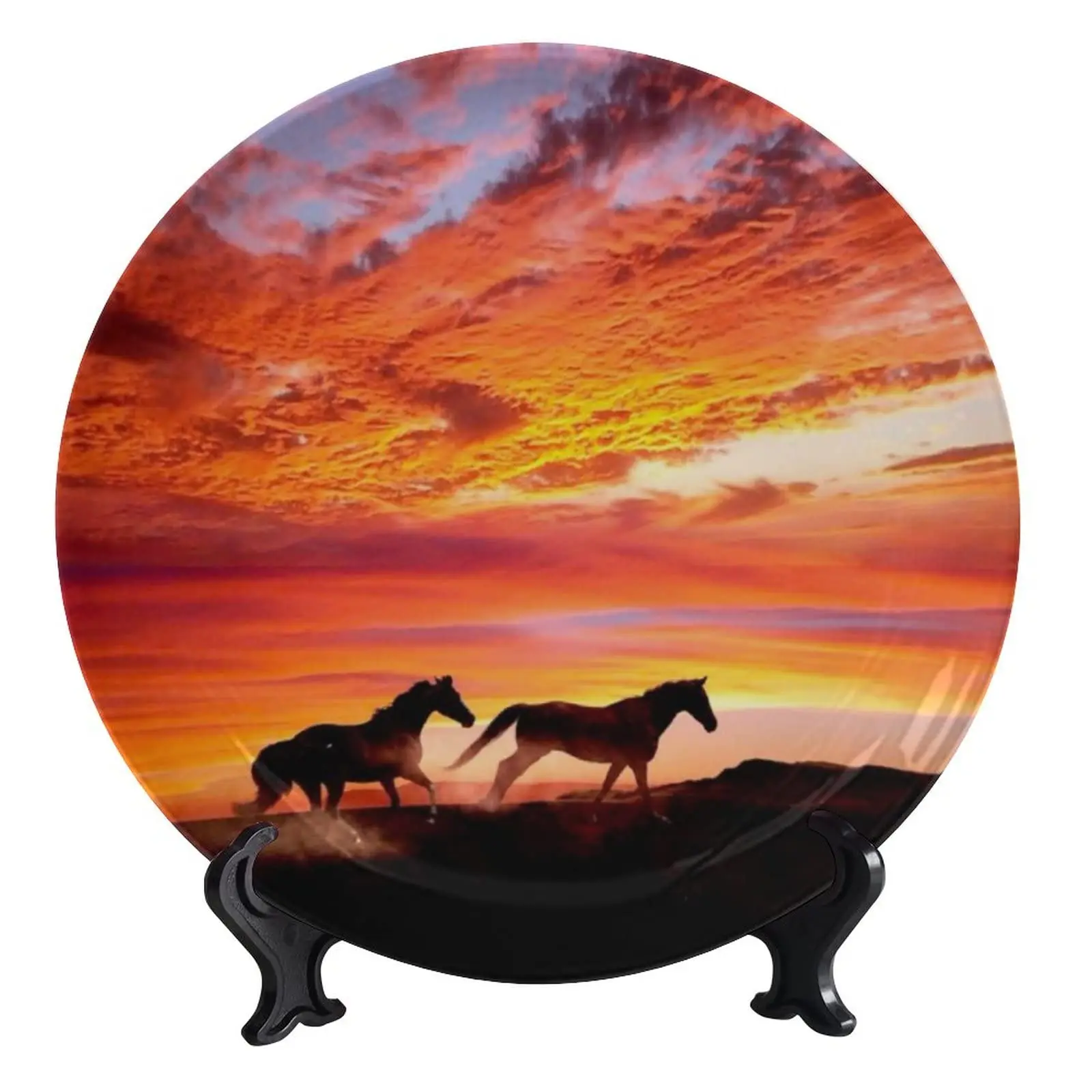 Beautiful Sunset Sea Decorative Plate, Bone China Decorative Plate Personality Ceramic Dinner Plate Crafts with Display Stand