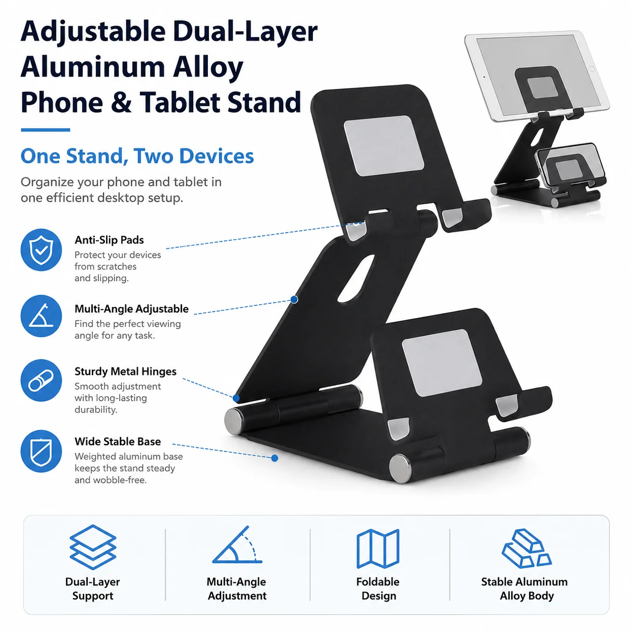 Aluminum Dual Layer Phone Tablet Stand, Foldable Adjustable Desktop Holder for Smartphone & iPad view 5