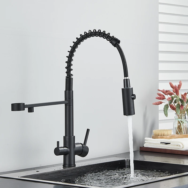 SHBSHAIMY Purification Kitchen Faucet Black Hot and Cold Rotating Pull Out Brass Material Sink Mixer Drinking and Washing Tap