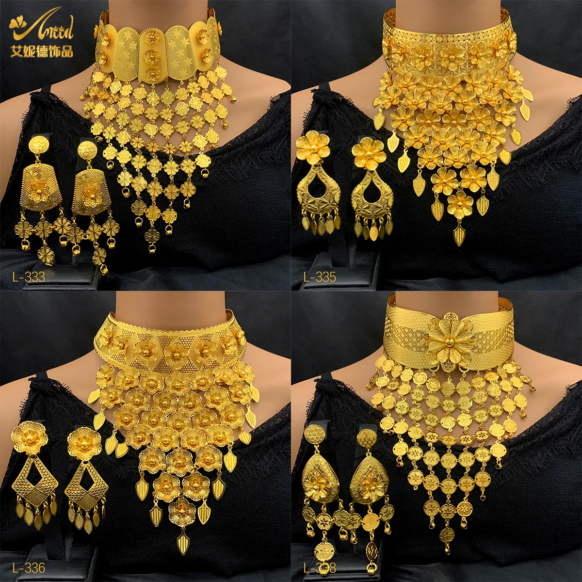 

2PCS/lot Ethiopian Women Jewelry Gold Color Dubai Habesha Earring Necklace Set African Middle East For Bride Wedding Gift