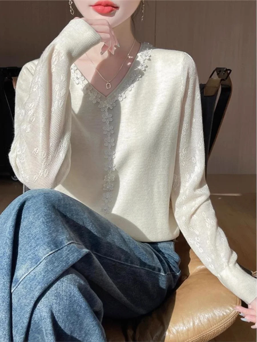 

Вязаный свитер с V-образным вырезом для женщин, ажурный, длинный, свободный, тонкий, весенний, новый, верхняя одежда, базовый, с бусинами