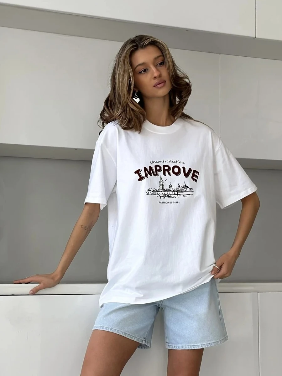 Sumuyoo 100% القطن المرأة عادية تي شيرت مطبوع المألوف قصيرة الأكمام الطباعة تي شيرت الهيب هوب فضفاض #2