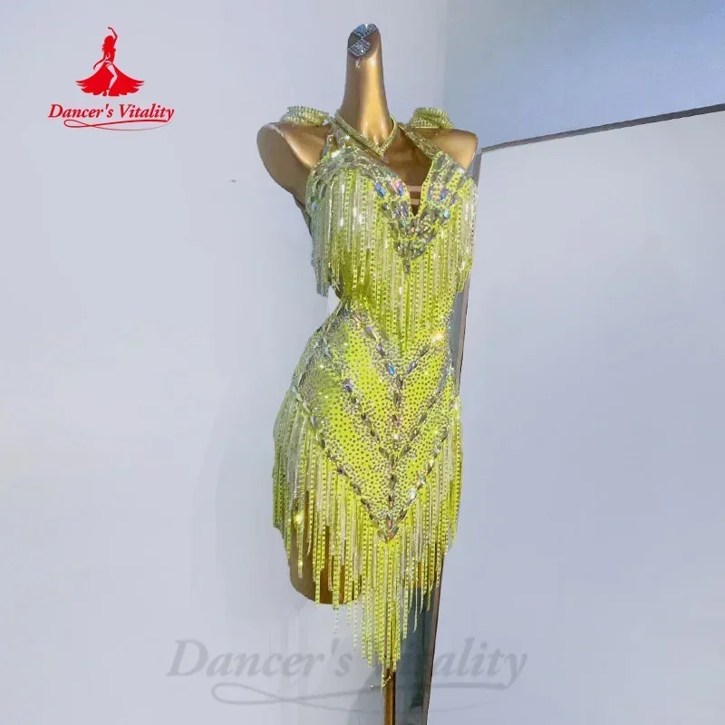 

Latin Dancing Performance Costume Customization High-end Luxury Full Diamond Tassel Dress Tango Samba Rumba Competition Outfit