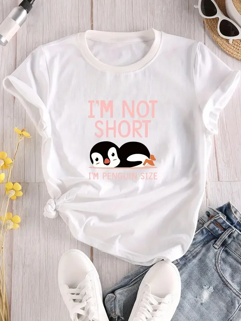 Im Not Short Im Penguin Size Letter & Animals Print T-Shir Crew Neck Short Sleeve T-Shirt Casual Every Day Tops Shirts For Women