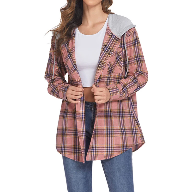 Women Vintage Classic Plaid Print Shirt Coat Autumn Winter Trendy Casual Streetwear Hooded Jacket Female Long Sleeve Loose Tops