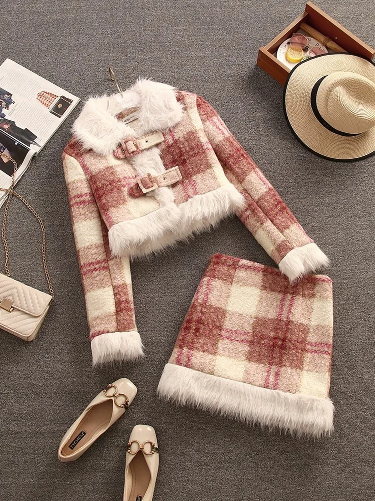 2024 Winter clothes for women two piece set Jackets Coat + Skirt Female 2 piece sets women outfit conjuntos femininos elegantes