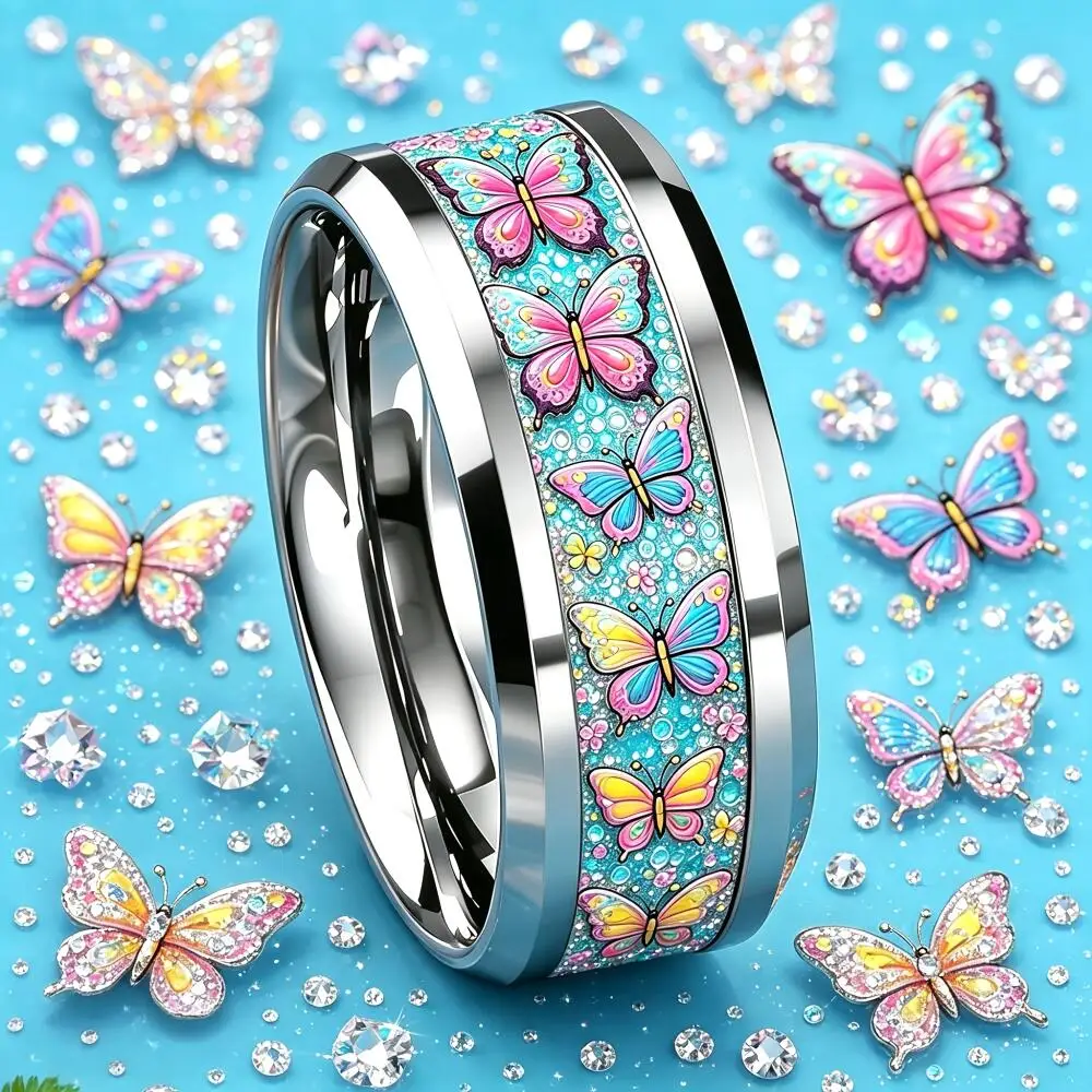 Sparkly Multicolor Butterfly Ring Cute Cartoon Animal Stainless Steel Rings For Women Men Students Wedding Band Jewelry Gifts - Detail 1