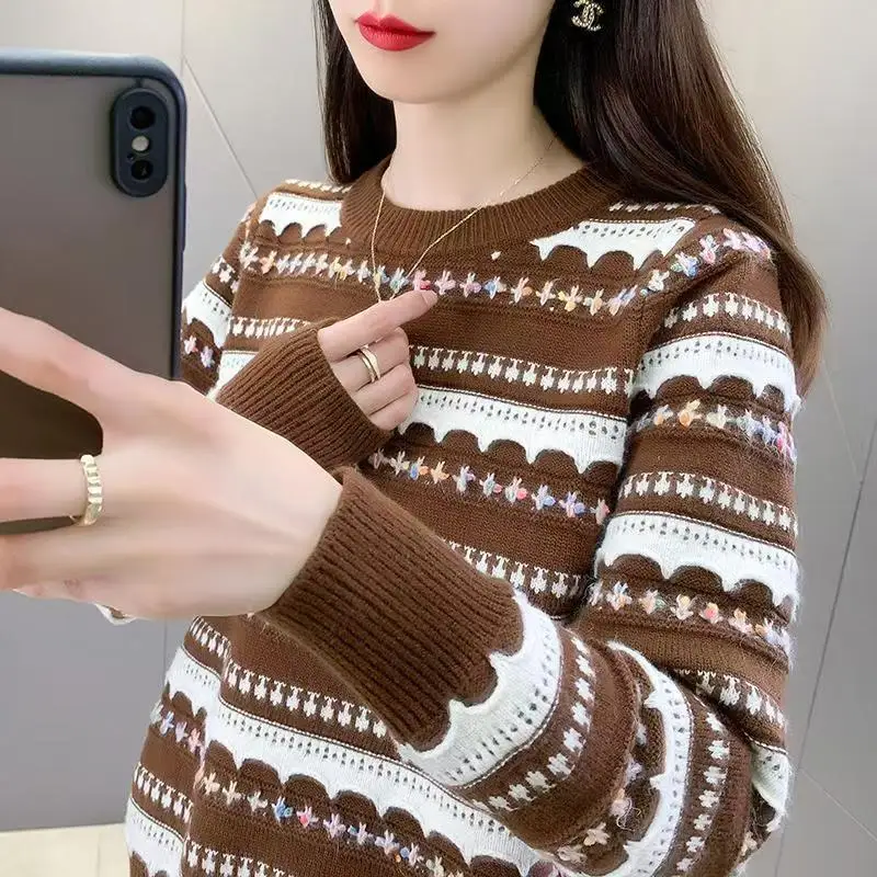 Otoño Invierno suéter de punto mujer pulóver Casual suelto manga larga grueso cálido suéter a rayas