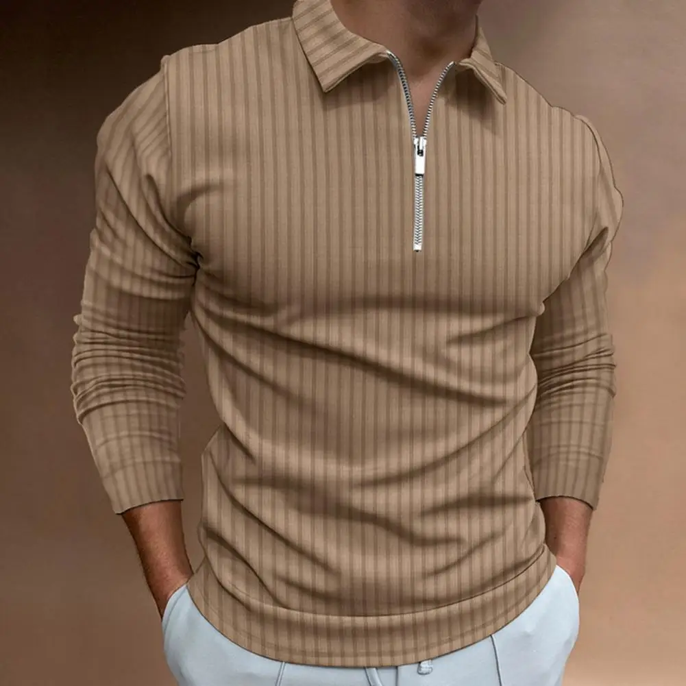 

Men Long Sleeve Shirt Men's Fall Zipper Shirt with Turn-down Collar Long Sleeves Slim Fit Striped Pure Color Pullover for Formal