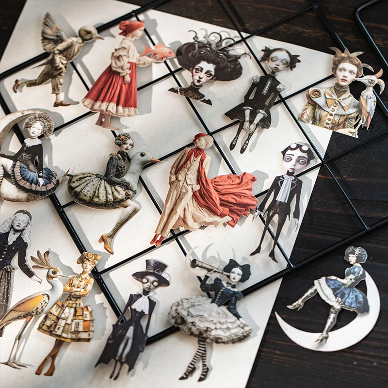 Journal GO 15pcs Surreal Vintage Figure Stickers Dark Fairy Tale Character Decals for Diorama SceneCard Journals & DIY Crafts