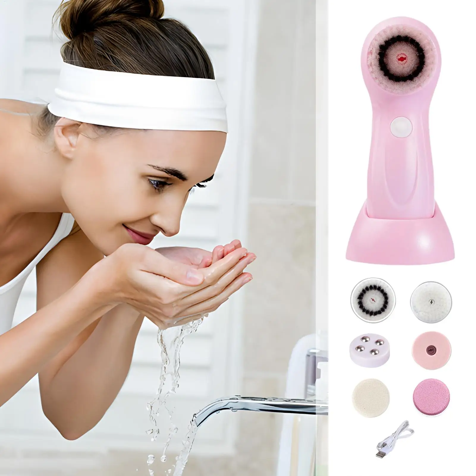 Gesichtsreinigungsbürste, Gesichtspeeling-Werkzeug mit 6 Bürstenköpfen, wiederaufladbares Hautpflege-Reinigungs- und Waschsystem für den Stirn des Körpers