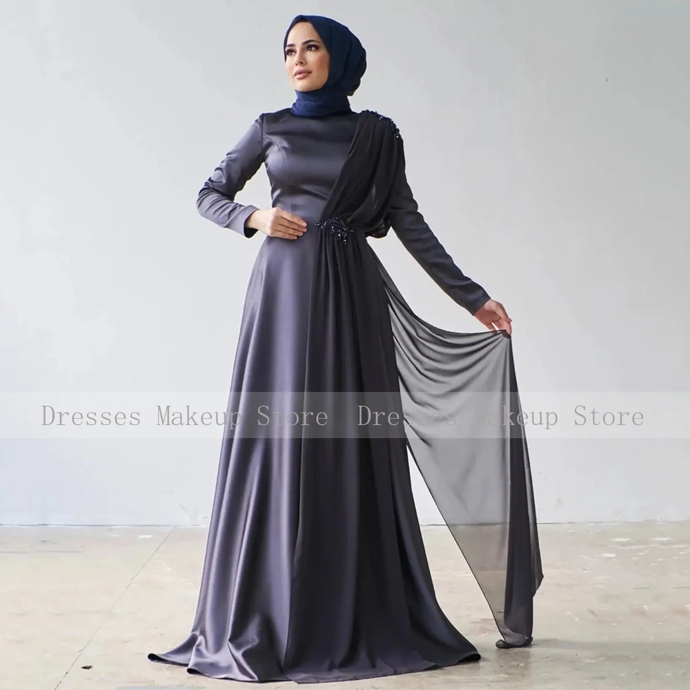 Modest Evening Dress Long Sleeves High Collar A Line Saudi Arabian Evening Gowns for Women 2025 Satin Beading Formal Party Dress