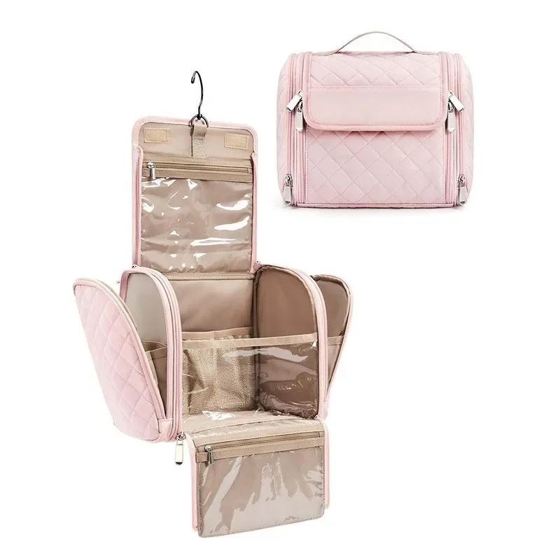 Portable cosmetic bag, pink diamond pattern, large capacity layered design, travel toiletry storage bag