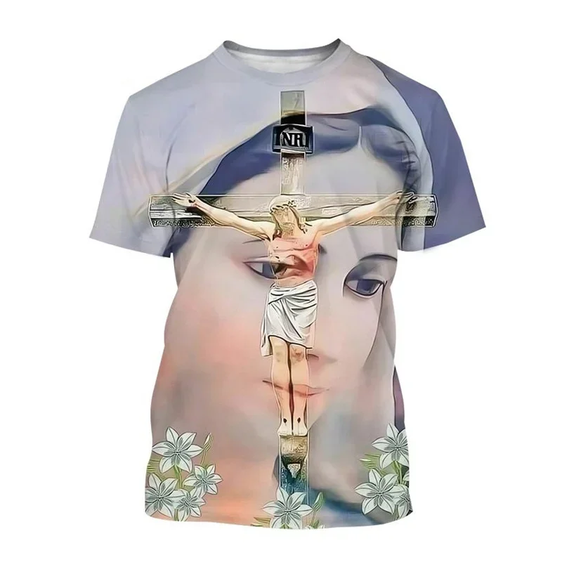 2024 New Summer Hot Christian God Jesus T-shirt, Men\'s Virgin Mary 3D Printed T-shirt Fashion Casual Western Short-sleeved Ladie