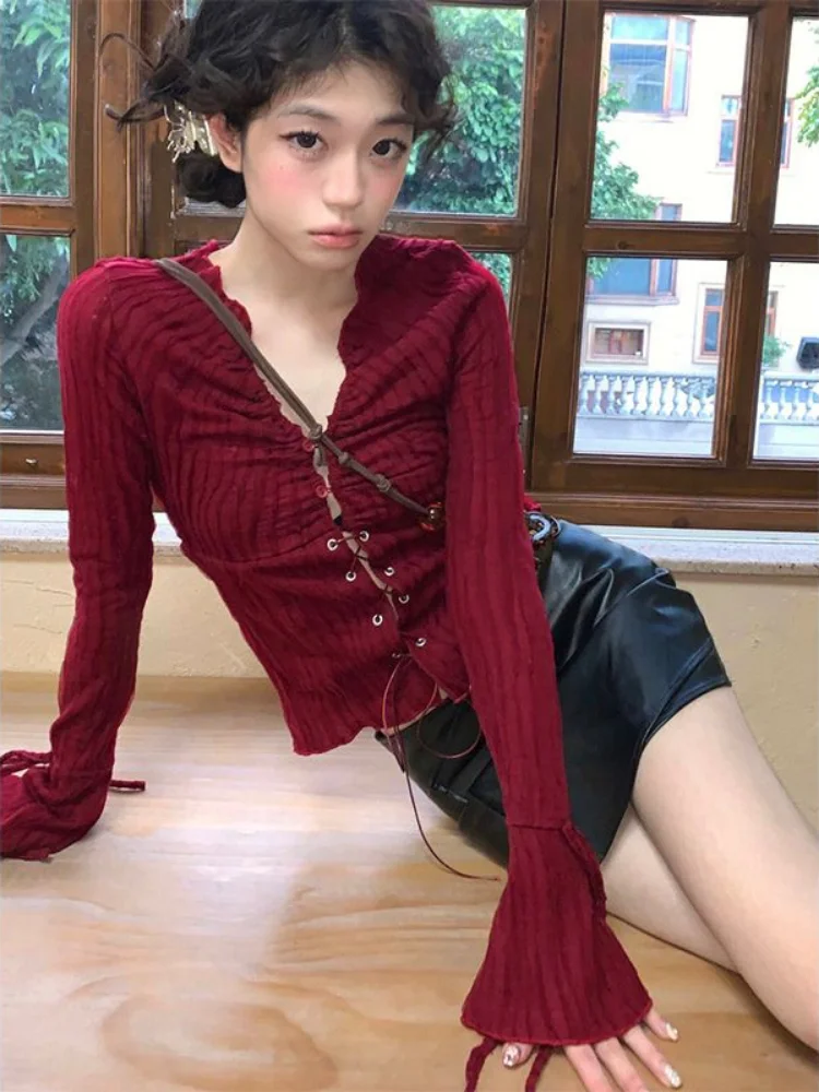 Vintage Slim Waist Tunic Women Blouse Y2k Aesthetic Bandage Pleated V Neck Harajuku Hollow Out Blusas Sweet Solid Fashion Shirt