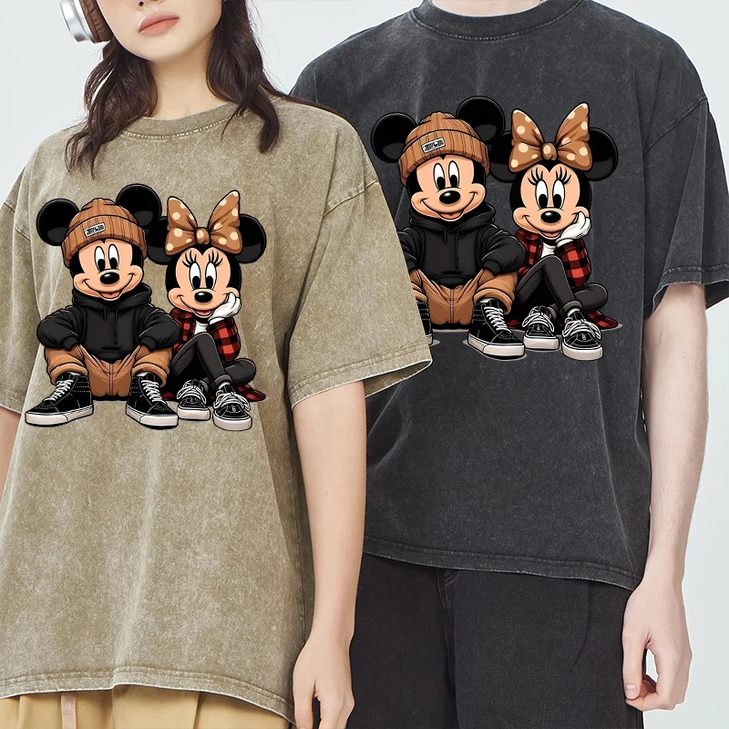

Футболка унисекс в уличном стиле с Микки и Минни, винтажная, из выстиранного хлопка, с коротким рукавом, парные футболки Микки и Минни для влюбленных