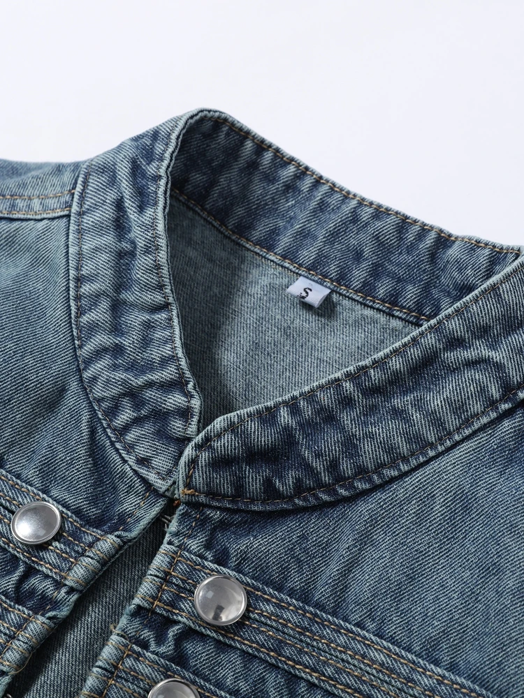 Denim Napoleon Jacke Shorts Anzüge Damen Vintage Stehkragen Langarm Mäntel Tiefsitzende Shorts Sexy Damen Neue Partykleidung Outfits – Detail 7