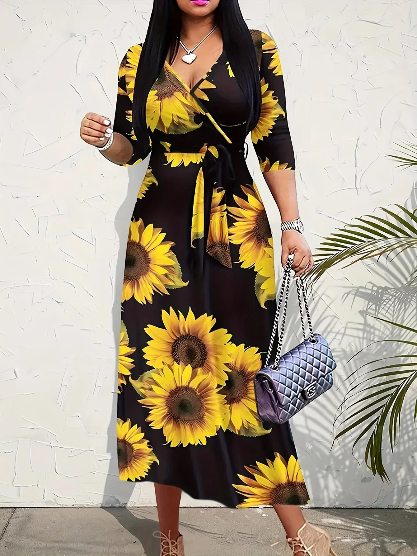 Kobiety Sexy Bodycon plażowa boho Maxi Splicing sukienka z kwiatowym nadrukiem dla kobiet w stylu Casual, letnia Sundress dekolt w szpic 3/4 rękaw